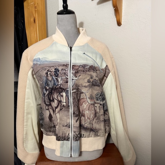 Double D Ranch Jackets & Blazers - Double D Ranch Cream and Beige Western Print Bomber Jacket